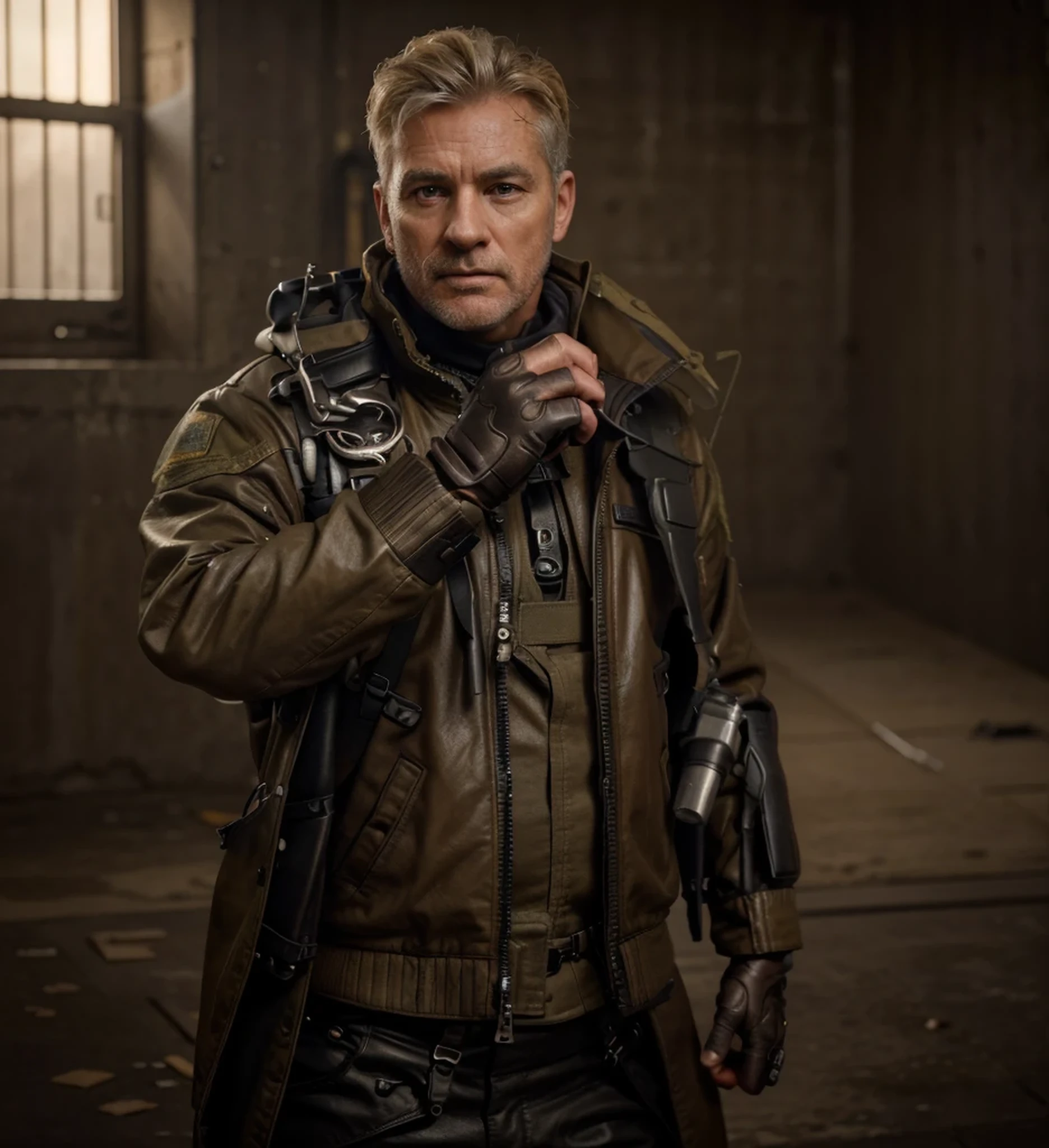 mature British man, has scars on his face, short, well-combed blonde hair, leather jacket, military pants, tactical gloves, harnesses with ammunition, communicators, grenades, pistol holster, is in a military bunker, radar screens, Ultra detailed, hyper realistic, 4k, Ultra detailed image, realistic, Highly detailed, perfect composition, Splendid , Intricately detailed, Incredibly detailed, 8K fine art photography, hyper detailed, Masterpiece, Ultra detailed, hyper realistic, 4k, Ultra image detailed, realistic , highly detailed, perfect composition, gorgeous, intricately detailed, incredibly detailed, 8K fine art photography, hyper-detailed, masterpiece