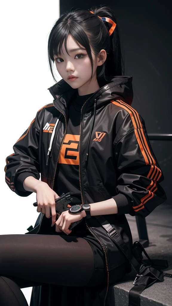 A Korean  girl, Make-up douyin, is wearing cool cyberpunk style clothes varying in black and orange and carrying a firearm, in a cool sitting pose, on a white background.