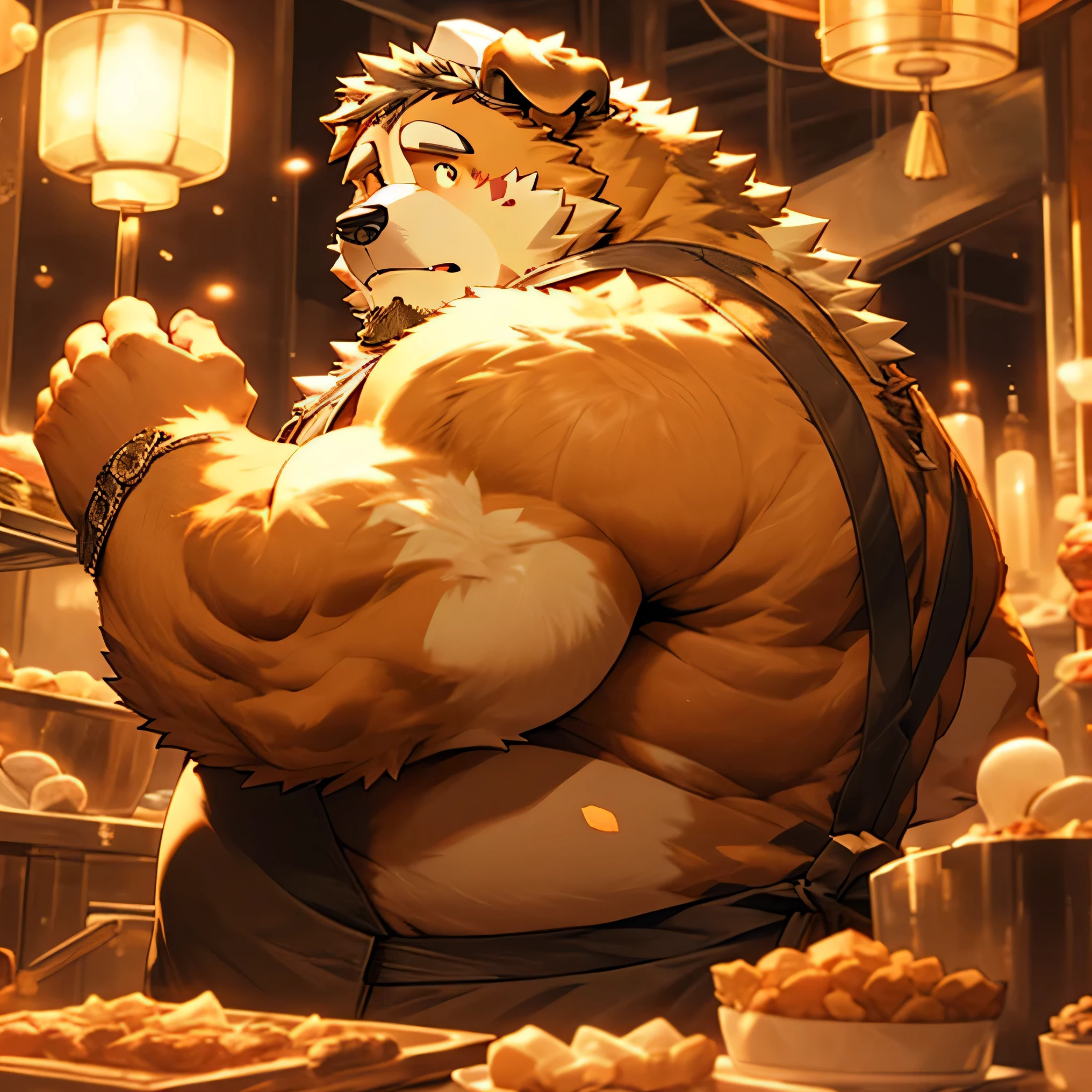 chef's cap, man, alone, wearing apron, kemono, from below, barazoku, looking up, hairy Dog (Saint Bernard), hairy breed, muscular body, fat (fat, fat), back, looking back,