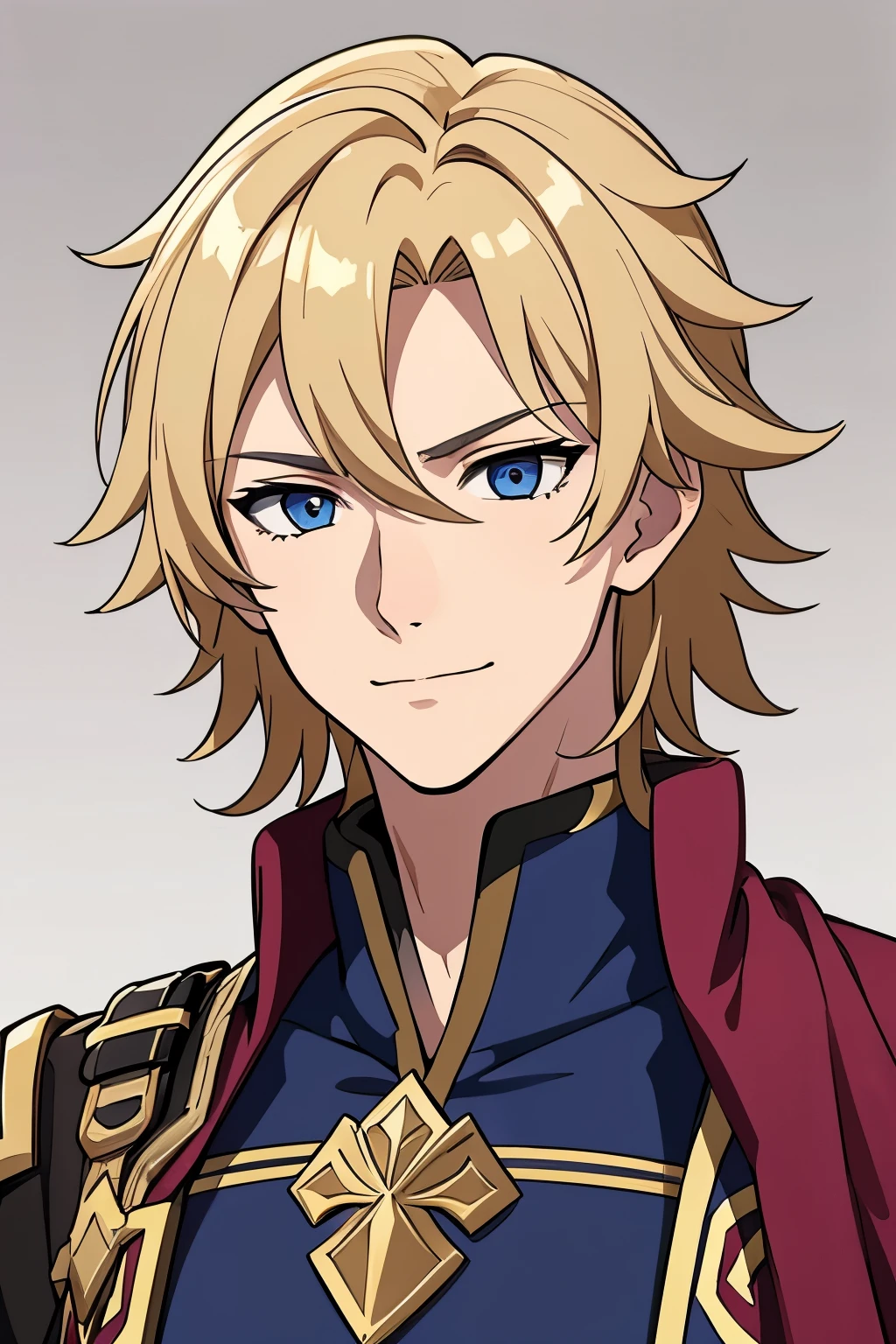 (high-quality, breathtaking),(expressive eyes, perfect face) 1boy, male, solo, portrait, young adult, age 18, Fire Emblem Awakening, Symmetrical Eyes, Fire Emblem, golden blonde hair color, short hair length, messy wavy hair, upper body, blue eyes, positive expression, charming smile, detailed eyes, blonde brown hair, narrow eyes, kind expression, pink cape, black armor, gold trim, weapon, benevolent prince, grey background, detailed eyes
