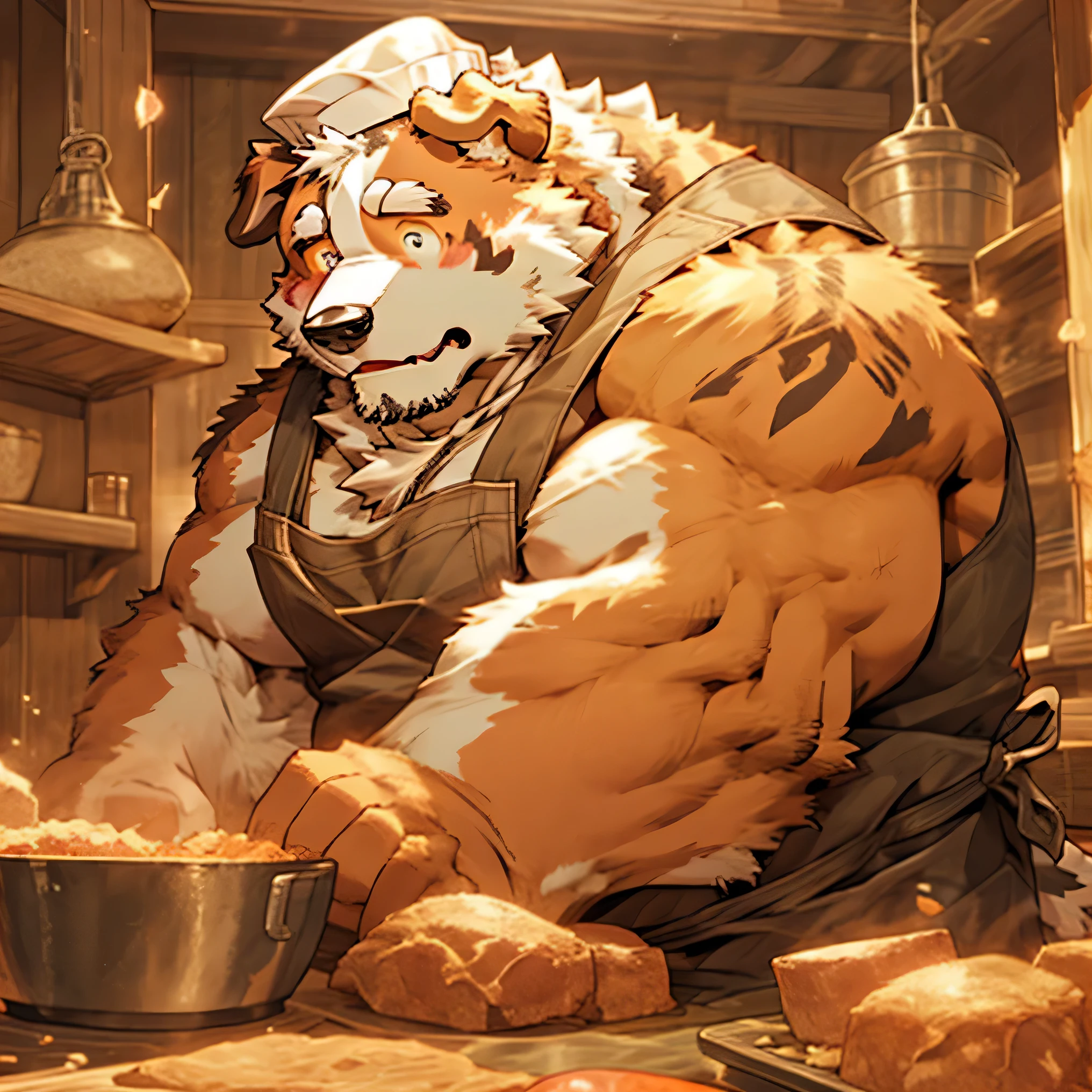 chef's cap, man, alone, apron, kemono, from below, barazoku, looking up, furry dog (Saint Bernard breed), hairy, muscular body, fat (fat, fat)