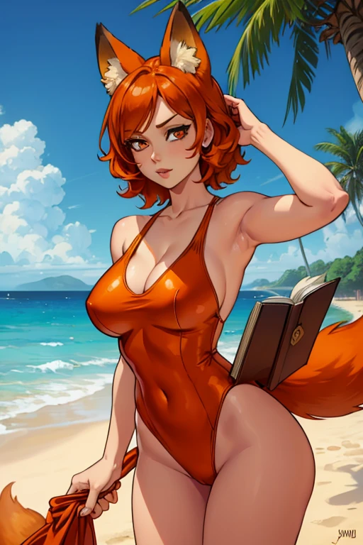 An orange haired woman with copper eyes with an hourglass figure with orange fox ears and an orange fox tail wearing a one piece swimsuit is reading at the beach