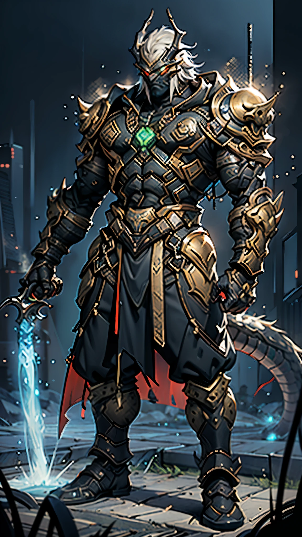 A man wearing a full-face helmet, a fantasy-style biomecha armored combat suit, green eyes, a composite layered chest armor, fully enclosed shoulder guards, matching arm and leg guards, the belt is adorned with dragon claw grasping orbs, primarily black with red accents, the design balances heavy with agility, a high-tech biological armor, concept inspired by dragons,stand on the top of a skyscraper in a futuristic sci-fi city, this character embodies a finely crafted fantasy-surreal style armored hero in anime style, exquisite and mature manga art style, ((male:1.5, element, plasma, energy)), metallic, real texture material, dramatic, high definition, best quality, highres, ultra-detailed, ultra-fine painting, extremely delicate, professional, perfect body proportions, golden ratio, anatomically correct, symmetrical face, extremely detailed eyes and face, high quality eyes, creativity, RAW photo, UHD, 32k, Natural light, cinematic lighting, masterpiece-anatomy-perfect, masterpiece:1.5