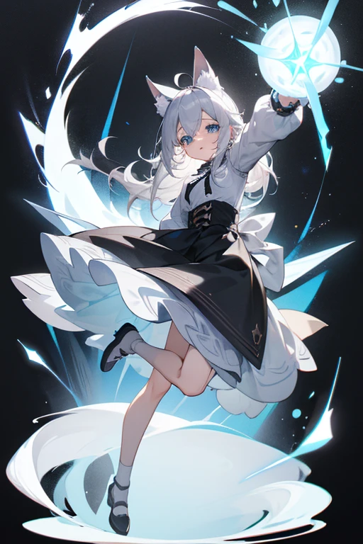 cute、Blue Eyes、Wink、Whiteのワンピース、Wolf-like ears（White）、Gray Hair、Full of energy、Her hair is down to her waist and is not tied up.、Black ribbon attached to the waist、Full body image、Masterpiece、Light grey shoes