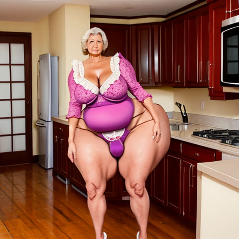 Enormous booty granny wearing lingerie in kitchen showing off booty for viewer ,full body , very large bosum ,very large cheeks,very large thighs, very wide hips,largest haunches ever, only granny in kitchen