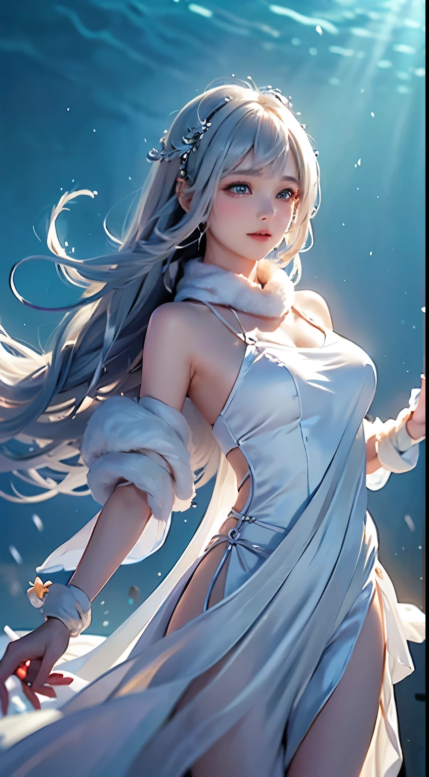 ((masterpiece:1.5、8k、Tabletop、フォトリアリスティックでVery detailedなCG、Very detailed、Particle Effects、Dynamic Effects、Written boundary depth、Cinematic Light、Lens flare、Ray Tracing、Tabletop、Realistic:1.4、超A high resolution:1.2、Realistic、Realistic))((alone、,Woman wearing a white fur coat over a halter dress:1.4、Wearing a long scarf、Elegant woman posing:、Detailed face、Bright expression、young, Brighter, Whiter skin、Ample breasts、Best Looks、Ultimate beauty、Shiny silver hair with highlights、Bright and shiny hair,、Super long, Silky straight hair、Hair dancing in the wind))(underwater,Beautiful underwater ruins background)