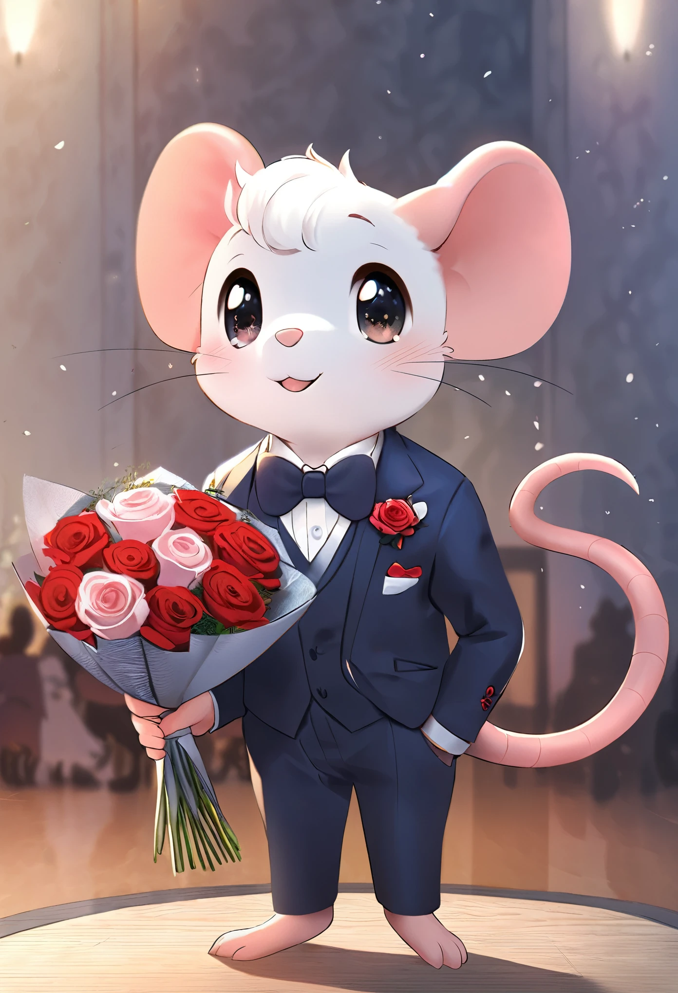 best quality, super fine, 16k, a cute mouse, dressed in a formal suit and bow tie, waiting with a bouquet of roses. Is it on a date?