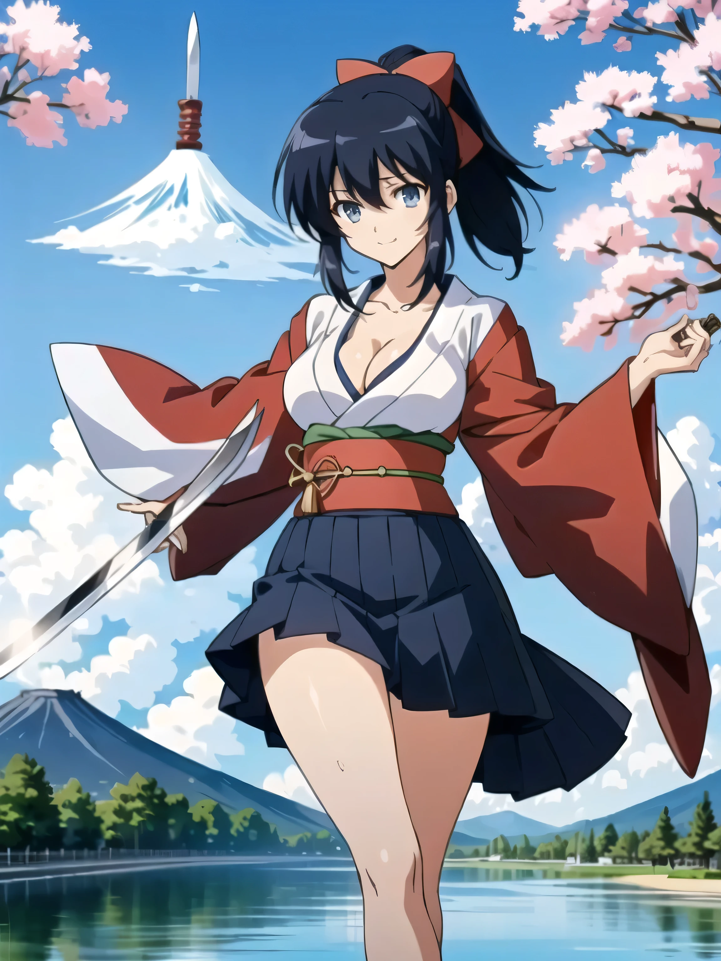 ((highest quality)), ((masterpiece)), (detailed), (16k high definition anime), Anatomically perfect body,Himari Noihara, 1girl,One girl、Perfect Face、Cute face、Beautiful Face、smile、Beautifully detailed eyes、blue eyes、Black Hair、Long Hair、ponytail、Red ribbon、(Large Breasts:1.3)、Beautiful cleavage、(sailor suit top、Short length), Beautiful cleavage、(Sailor skirt), Sometimes punch、Smooth body lines、Wide hips、Big ass、High Body、Beautiful long legs、(Standing with one knee bent、Keep your hips low、With legs wide open)、Combat pose、(Holding a Japanese sword、The blade is long:1.8)、View your viewers、(Cherry blossom park background、under the cherry tree、SakuraFubuki )、Above-the-knee photos、