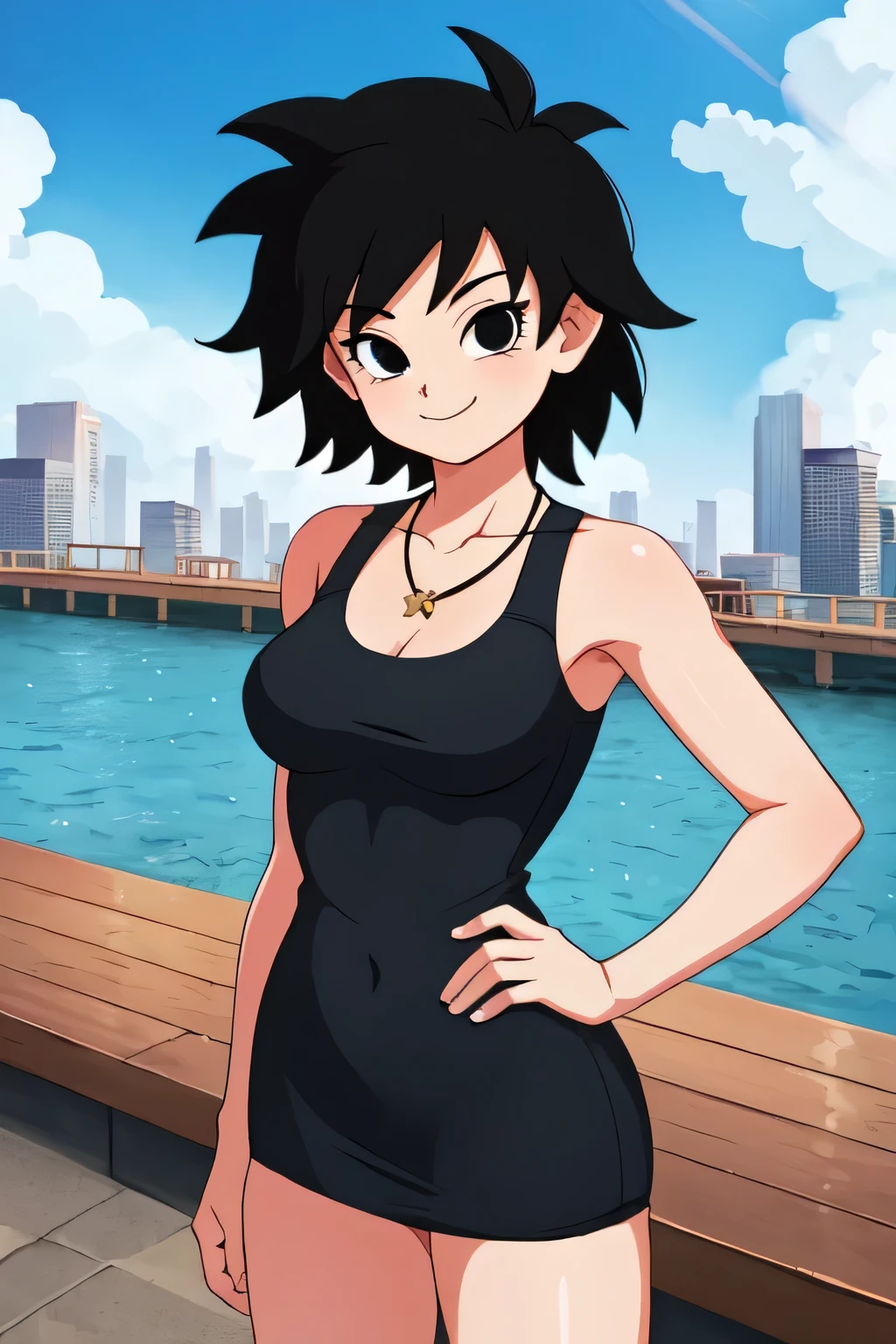 gine, 1girl, sunlight, solo, breasts, closed, blue sky, black hair, black eyes, city, bare shoulders, collarbone, cowboy shot, short hair, looking at viewer, smile, looking at viewer, spiked hair, little black dress, necklace, pier, docks, left hand on hips, standing up