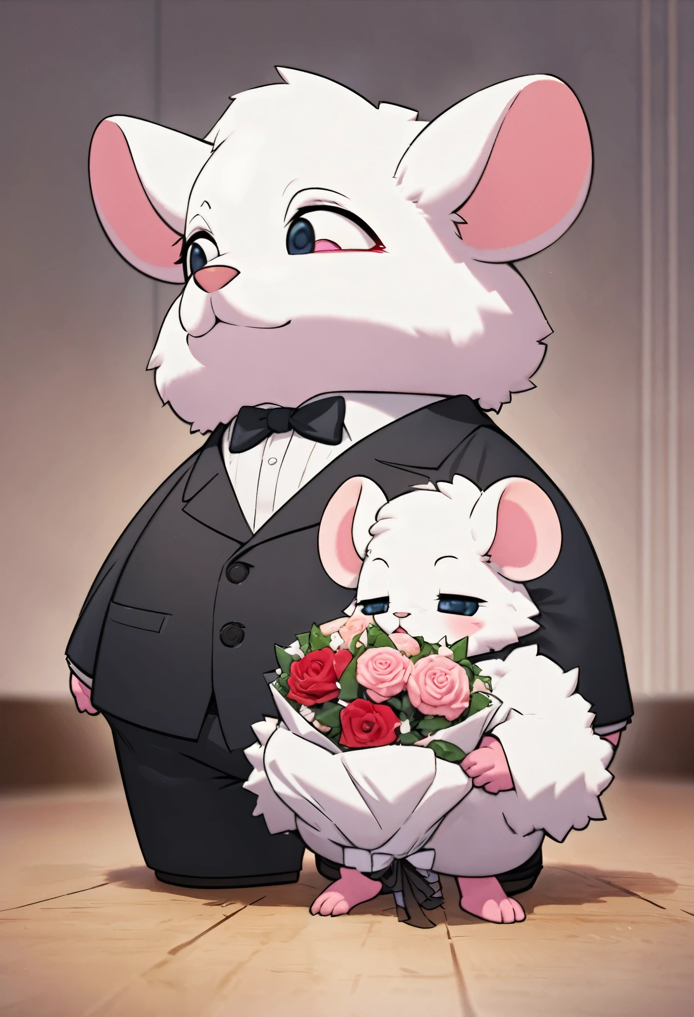 super deformed, furry, funny, fluffy, best quality, super fine, 16k, a cute mouse, dressed in a formal suit and bow tie, waiting with a bouquet of roses. Is it on a date?