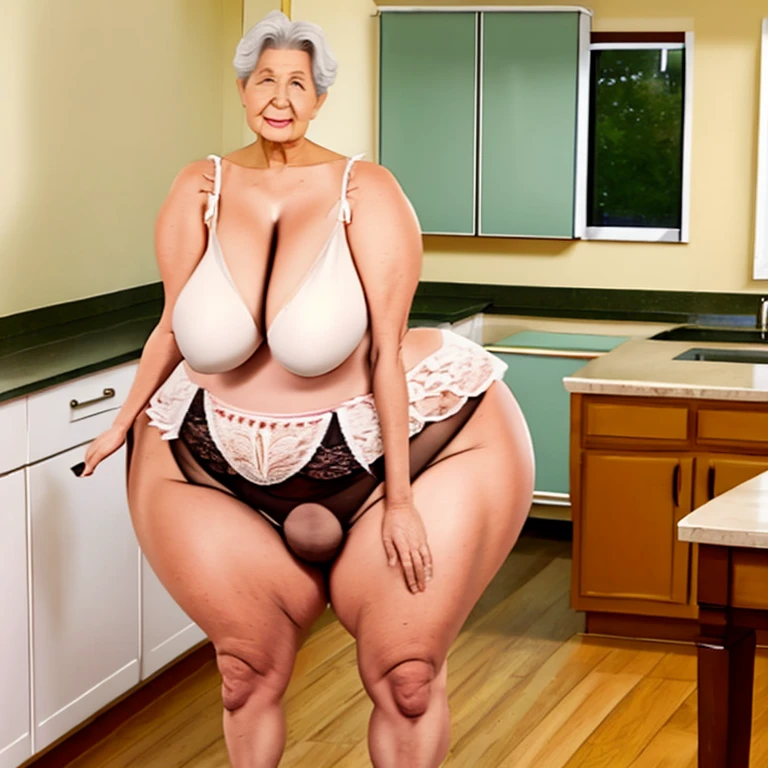 Enormous booty granny wearing lingerie in kitchen showing off booty for viewer ,full body , very large bosum ,very large cheeks,very large thighs, very wide hips,largest haunches ever, only granny in kitchen