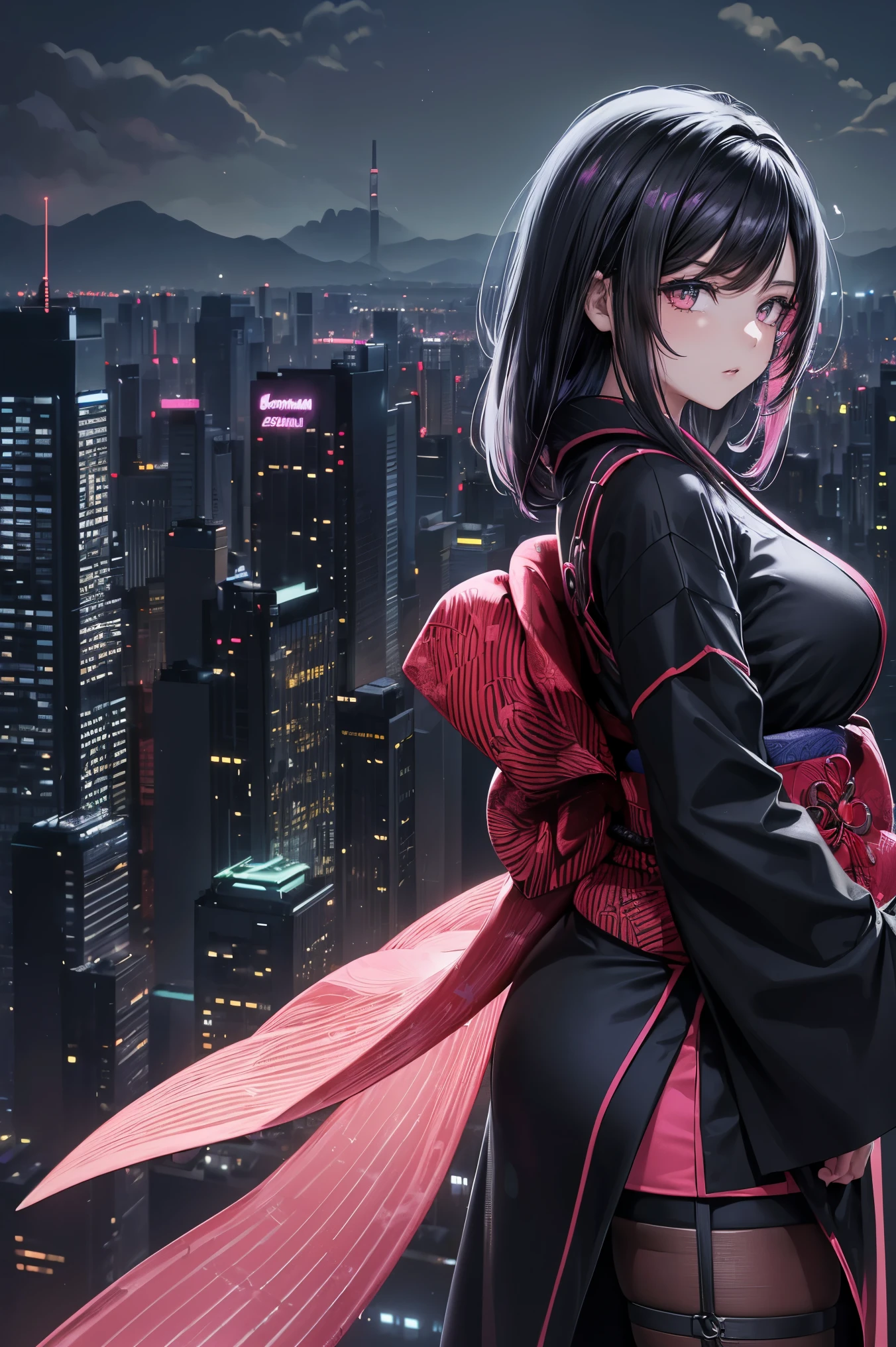 anime, (obra de arte, melhor qualidade, ultra-detalhado, alto contraste), 1 mulher (Sozinho, corpo todo, corpo plus size, standing on the edge of the skyscraper, cabelo prateado, CABELO LONGO E FLUXO, olhos vermelhos brilhantes de rubi, (Kimono preto, black cybernetics with neon pink), meias pretas transparentes), (skyscraper roof, com vista para uma cidade, fundo detalhado ((night time, Darkness, low light pollution)))