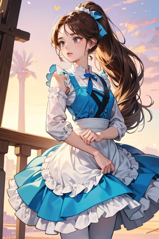 Belle has long, brown hair, most often tied back in a low ponytail by a ribbon, and possesses captivating hazel eyes, full pink lips, rosy cheeks, a heart-shaped face, and a sculpted figure. One of her more distinct features is the strands of hair that are constantly slipping loose from her ponytail and falling in front of her face - she is often seen brushing them back into place when nervous or trying to be polite. Her primary outfit is a medium-length cerulean blue sleeveless dress with a white long puffy-sleeved shirt underneath, a white apron on her waist, a white petticoat, and dark brown ballet flats on her feet. Her hair is tied in a low ponytail adorned with a blue ribbon.  SPARKLE; GLITTER