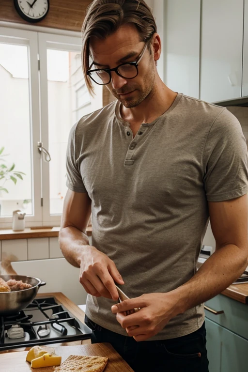 tall german married man being a good husband while cooking, de avental branco, Short hair and glasses.