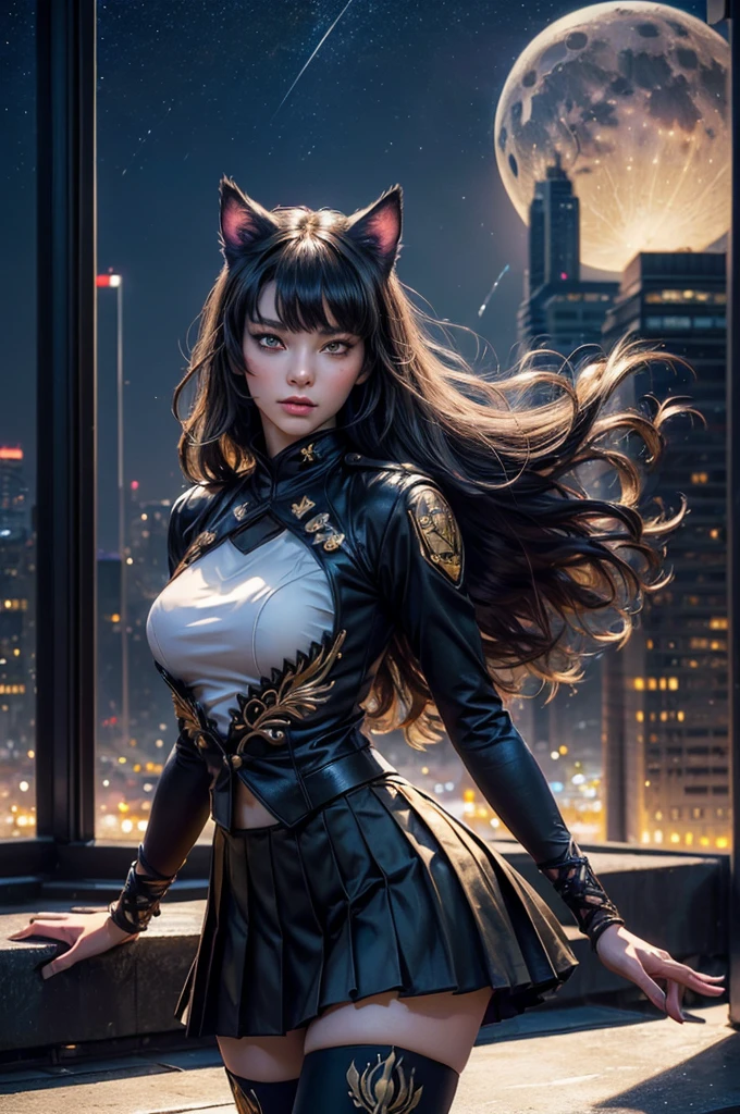 (masterpiece,stunning girlfriend, (standing:1.1), dynamic pose, heart shaped face, elegant face, beautiful face, highly detailed face, highly detailed skin, skin pores, subsurface scattering, realistic pupils, looking at viewer, full lips, detailed background, depth of field, atmospheric perspective, volumetric lighting, sharp focus, absurdres, realistic proportions, good anatomy, (realistic, hyperrealistic:1.4), 16k hdr, (masterpiece, best quality), intricate details, 1girl, blake_belladonna, gmuniform, pleated skirt, blue thighhighs, black and gold uniform, standing on rooftop, city, night, stars, moon