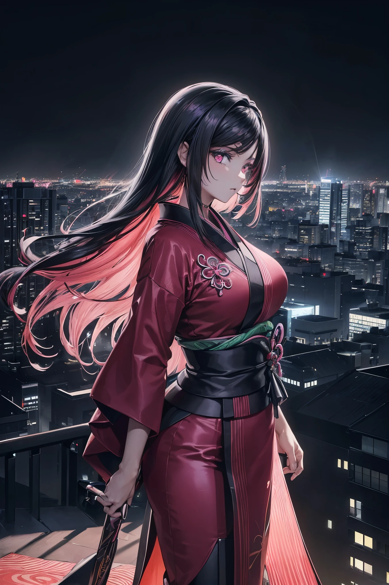 anime, (obra de arte, melhor qualidade, ultra-detalhado, alto contraste), 1 mulher (Sozinho, corpo todo, corpo plus size, standing on the edge of the skyscraper, cabelo prateado, CABELO LONGO E FLUXO, olhos vermelhos brilhantes de rubi, (Kimono preto, black cybernetics with neon pink), meias pretas transparentes), (skyscraper roof, com vista para uma cidade, fundo detalhado ((night time, Darkness, low light pollution)))