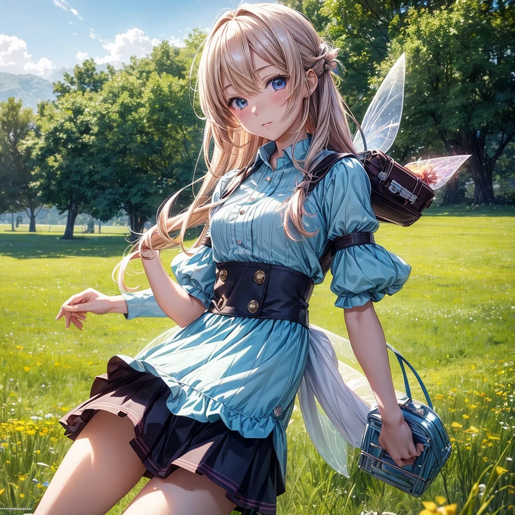 high quality ultra detailed fantasy anime photography, small waifu fairy hovering lifting a heavy lunchbox, bringing with tired face, in sunny field