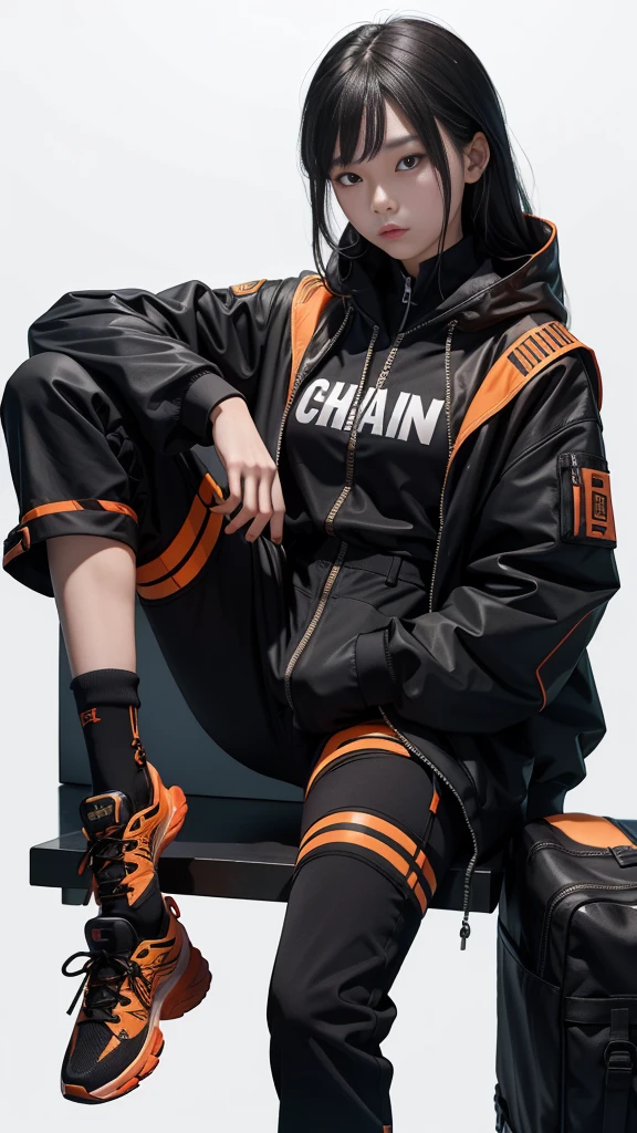 A Chinese teenage girl, Make-up douyin, is wearing cool cyberpunk style clothes varying in black and orange and carrying a firearm, in a cool sitting pose, on a white background.