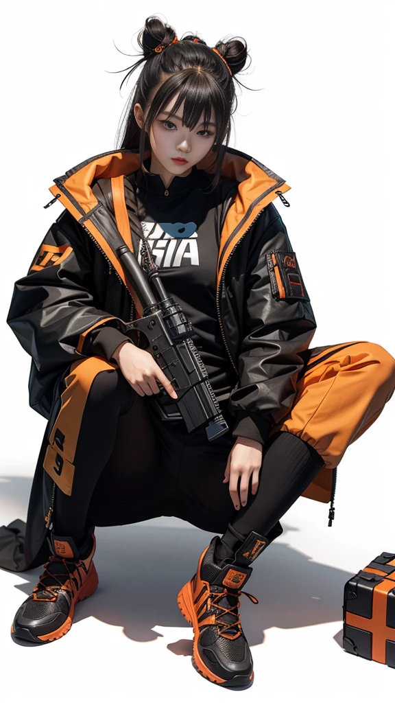 A Chinese teenage girl, Make-up douyin, is wearing cool cyberpunk style clothes varying in black and orange and carrying a firearm, in a cool sitting pose, on a white background.