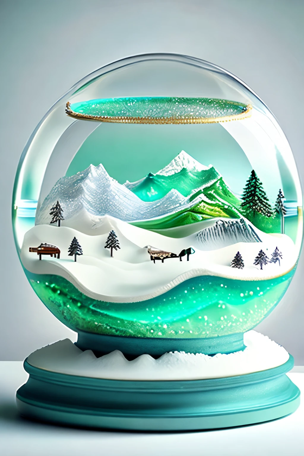 the world inside a snow globe, the world inside a snow globe, transparent, translucent and iridescent glass beads, best quality, super fine, 16k, incredibly absurdres, extremely detailed, delicate and dynamic, snowing, white sandy beach, emerald green sea, summer, background strange colors