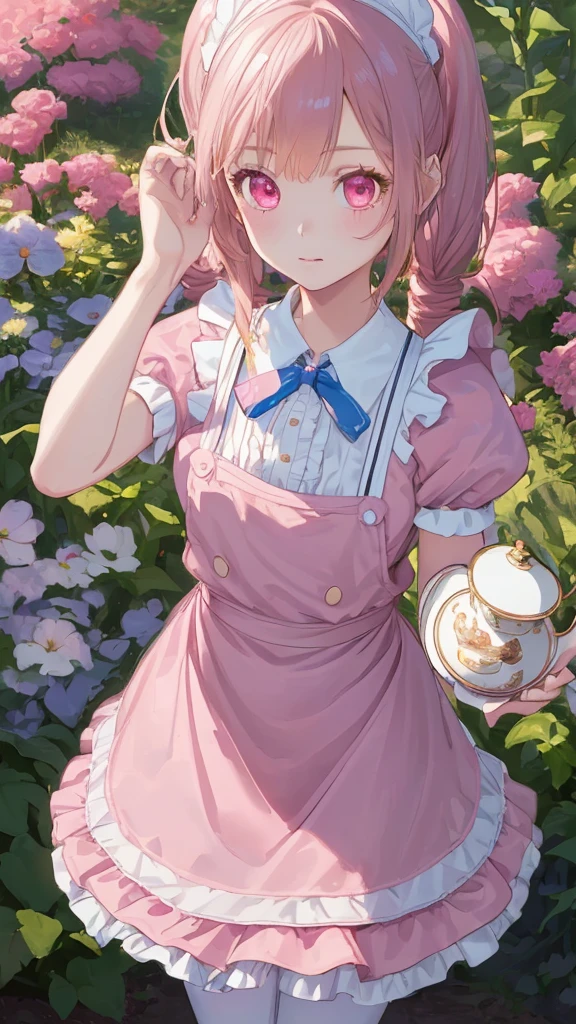 1 girl, Solo, , , , Cute Girl,Best Quality, Ultra-detailed, 8K, High resolution, Alice in Wonderland, Twin tail, pink dress, frilled dress, white apron, frilled apron, garden, tea time,
information