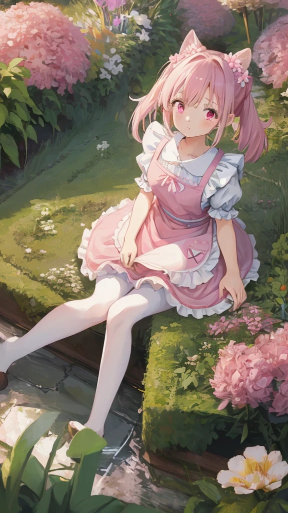 1 girl, Solo, 11 years old, , , Cute Girl,Best Quality, Ultra-detailed, 8K, High resolution, Alice in Wonderland, Twin tail, pink dress, frilled dress, white apron, frilled apron, garden, tea time,
information