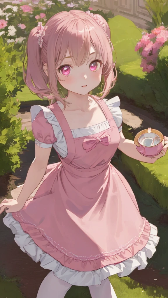 1 girl, Solo, 11 years old, , , Cute Girl,Best Quality, Ultra-detailed, 8K, High resolution, Alice in Wonderland, Twin tail, pink dress, frilled dress, white apron, frilled apron, garden, tea time,
information