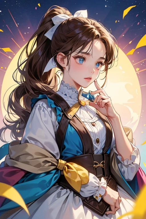 Belle has long, brown hair, most often tied back in a low ponytail by a ribbon, and possesses captivating hazel eyes, full pink lips, rosy cheeks, a heart-shaped face. she wears a dark blue cloak with a yellow button. Belle's hair is loose twice in the film, the first time when the ribbon on her ponytail is torn off by one of the wolves when . SPARKLE; GLITTER