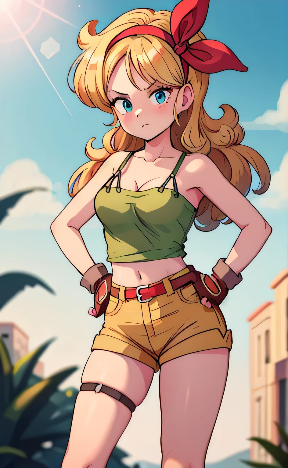 ((masterpiece, best quality)), insaneres, absurdres, solo, looking at viewer,
BlondeHair_BadLaunch_ownwaifu,
1girl, long hair, blonde hair,  curly hair, hair ribbon, blue eyes, medium breasts, red hairband, eyelashes, bangs, 
green shirt,  yellow shorts, crop top, midriff, fingerless gloves, cleavage, bare shoulders, navel, short shorts, collarbone, tank top, belt, brown gloves,  thigh strap, bare legs, 
 outdoors, lens flare, depth of field, bokeh, vanishing point,
(contrapposto, hand on hip)