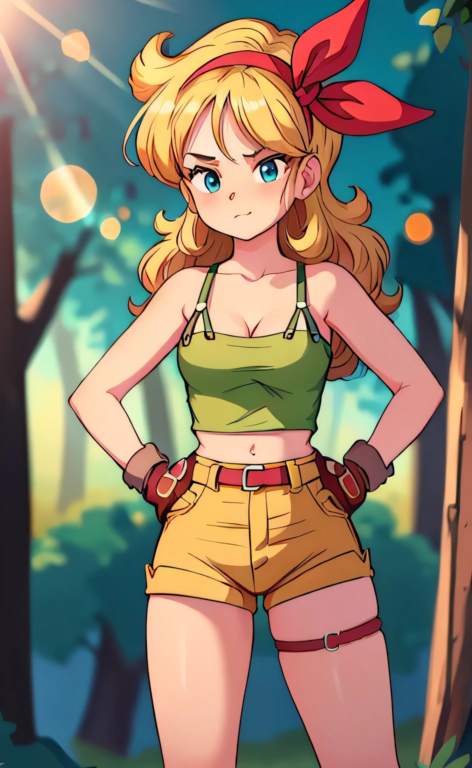 ((masterpiece, best quality)), insaneres, absurdres, solo, looking at viewer,
BlondeHair_BadLaunch_ownwaifu,
1girl, long hair, blonde hair,  curly hair, hair ribbon, blue eyes, medium breasts, red hairband, eyelashes, bangs, 
green shirt,  yellow shorts, crop top, midriff, fingerless gloves, cleavage, bare shoulders, navel, short shorts, collarbone, tank top, belt, brown gloves,  thigh strap, bare legs, 
 outdoors, lens flare, depth of field, bokeh, vanishing point,
(contrapposto, hand on hip)