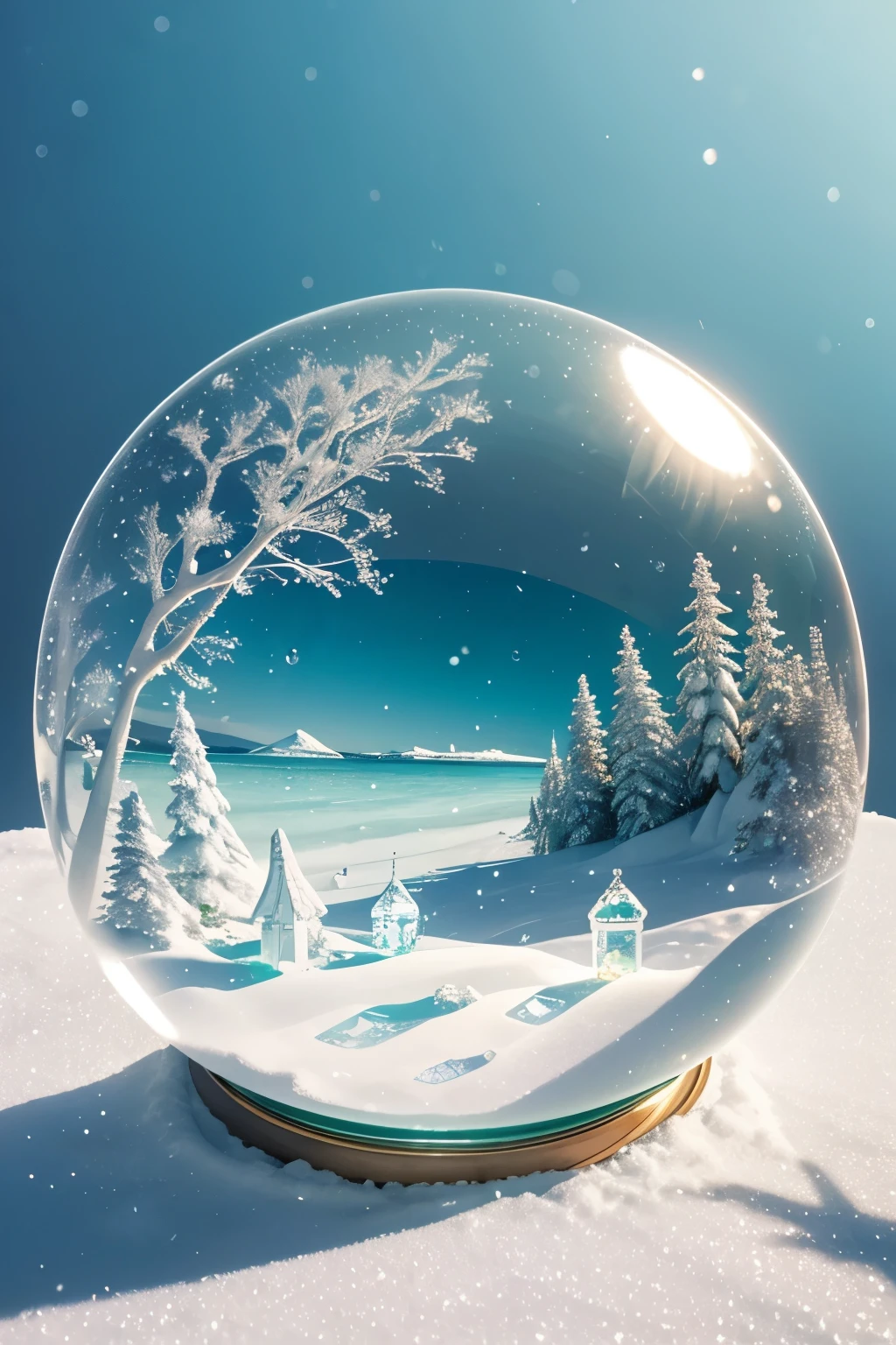 the world inside a snow globe, the world inside a snow globe, transparent, translucent and iridescent glass beads, best quality, super fine, 16k, incredibly absurdres, extremely detailed, delicate and dynamic, snowing, white sandy beach, emerald green sea, summer