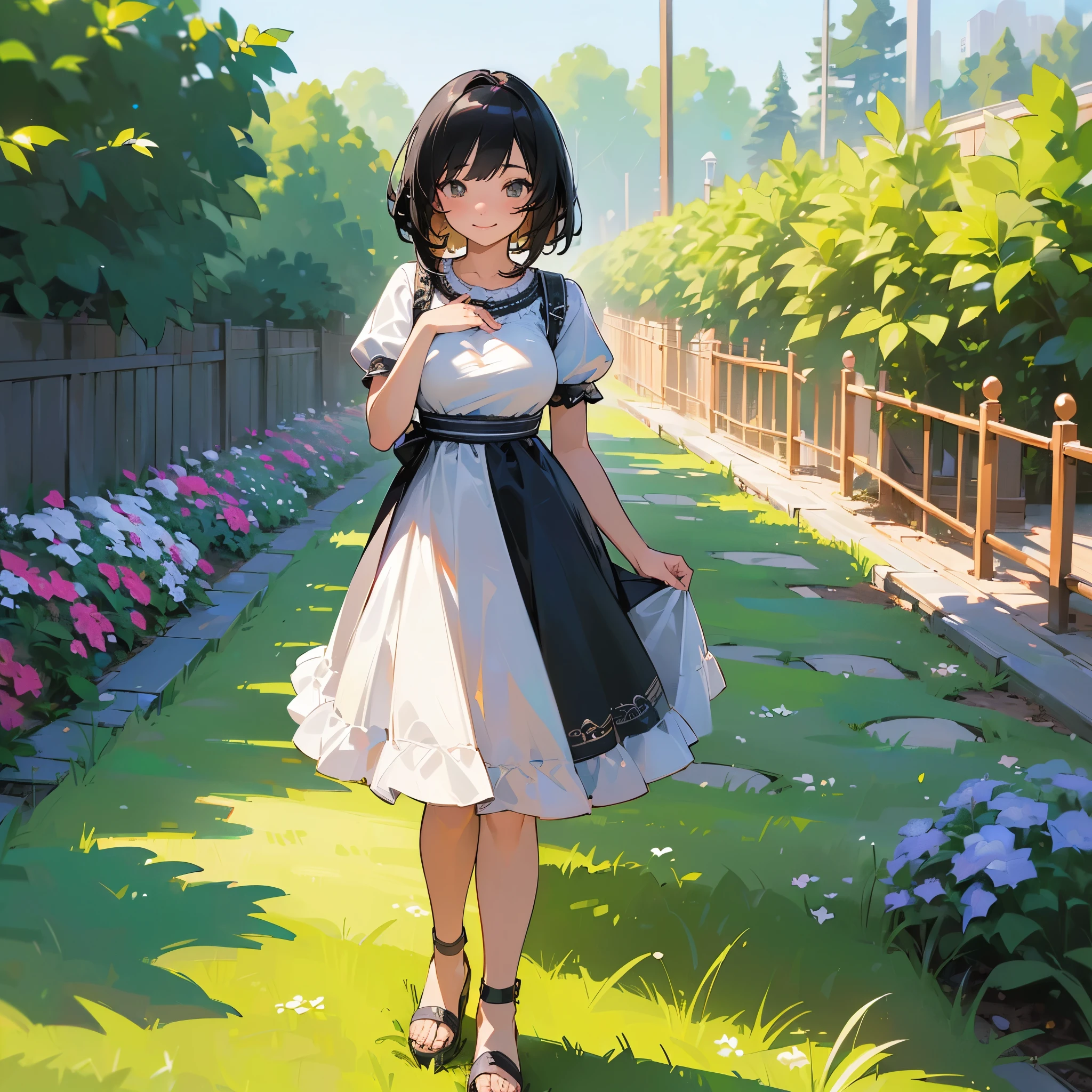 (high quality, High resolution, Very detailed, reality:1.37), Peaceful atmosphere, (Outdoor, garden), Teenage girl standing alone, (my breasts are big.), Beautiful details, Cute Smile, (Black bob hair), White short-sleeved dress, Sandals.