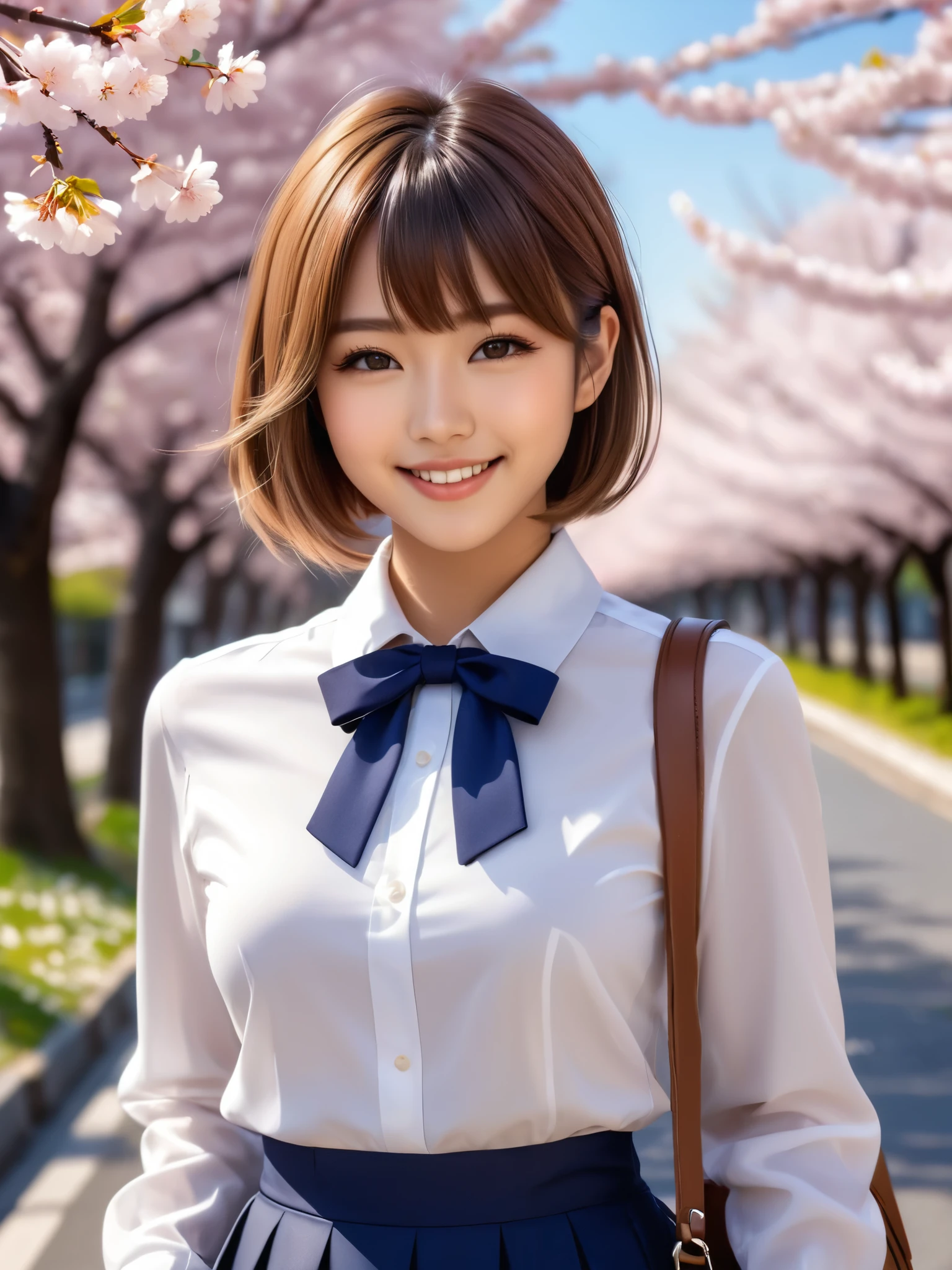 product quality, 1girl, upper body shot, front view, a Japanese young pretty girl, 18 years old, short hair, standing with a big smile on a street among cherry blossom trees, glamorous figure, busty, wearing a white collared shirt of long sleeves, dark blue plain bow tie, dark blue pleated long skirt, school bag over her shoulder, hyper cute face, glossy lips, double eyelids in both eyes, natural makeup, long eyelashes, shiny smooth light brown long bob hair, asymmetrical bangs, a tanned skin, central image, high resolution, high detail, detailed hairstyle, detailed face, spectacular cinematic lighting, octane rendering, vibrant, hyper realistic, perfect limbs, perfect anatomy