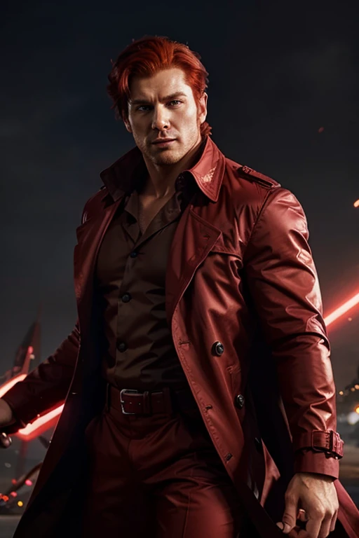 Create a handsome strong man with red hair super hero with scarlet diamond powers who wears a trench coat