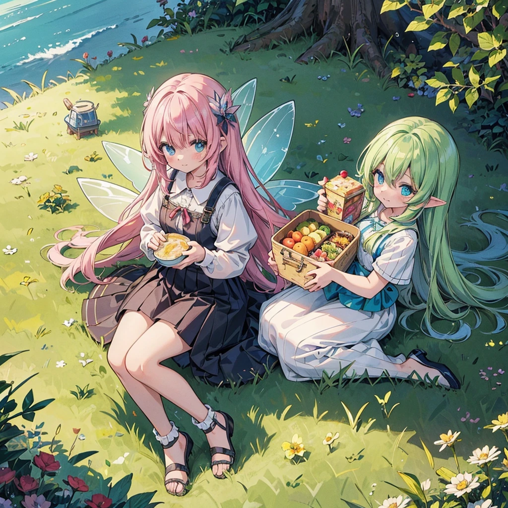 High quality ultra detailed fantasy anime pictures、In a sunny field、Lifting a heavy lunch box and hovering、A  fairy with a tired face