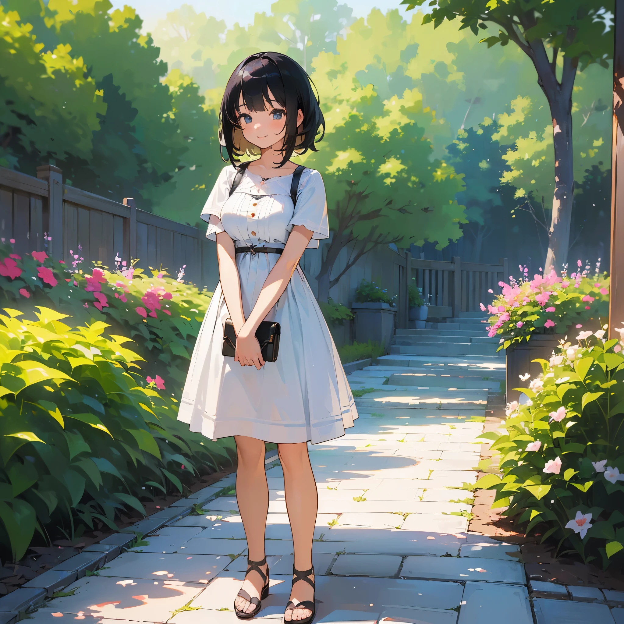 (high quality, High resolution, Very detailed, reality:1.37), Peaceful atmosphere, (Outdoor, garden), girl standing alone, (my breasts are big.), Beautiful details, Cute Smile, (Black bob hair), White short-sleeved dress, Sandals.