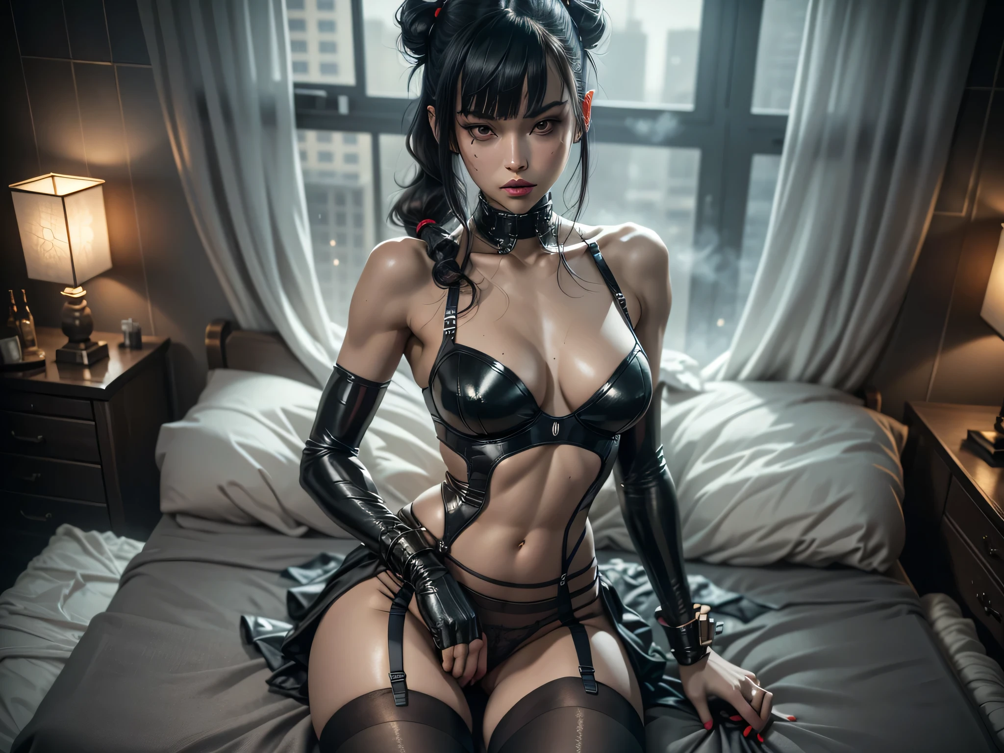 ((night)), (red moon), (modern hair)), japanese future brothel cyberpunk theme, she is a skinny and toned 25 year old sexy and perfect and intimidating skinny/tone futuristic evil retribuition alice, pale white skin, sitting on the corner of the bed, eye contact, (full tall body is shown),((navel)), ((( hair with short ponytails and bangs))), she is standing far enough away that you can see her full body, wallpaper, perfect face and eyes, she has a skinny and athletic body wearing pantyhose, only her full body is shown above the viewer looking down at him, perfect face, perfect strong jawline, perfect lips, best resolution, perfect bone structure, femdom, she has a skinny and toned young perfect body and legs, she is a dominate looking sex demon, (((wearing erotic tight lingerie bodysuit with a skirt and tight stockings and garter belt))), looking down at the viewer, full body, perfectly proportioned body, short hair, young/modern hairstyle hair 2 ponytails and bangs, she is in a bedroom on a bed, ((best detail)) ((best body and face detail)) (((Perfect face and jawbone))), ((closed mouth)), ((((black underwear)))), (she is sadistic), (((Perfect bone and facial structure))) (camel toe) (tight pussy) ((stockings)), best qualtiy, Full body,((refined face)) ,tone figure ,very Tight black lingerie、camel toe, ,(Accurate and perfect face:1.3),(Long legs:), eerie lighting, masutepiece, super detailing, High quality, high detailing, Best Quality, 16 K,dramatic lighting 、Sweaty all over (((lingerie bodysuit))). ((semen dripping from pussy), (((Skinny))) ((sexy and intimidating pose from above)), pin-up, femdom. domination, perfect feet. fit body, power, and control. ((skinny and toned body)), toned butt, abs, perfect, no deformed body part (masterpiece). (((stockings))) (perfect face), impending death. (masterpiece) (perfect proportion)(realistic photo)(best quality) (detailed) (8k) (HDR) (((dark/nighttime))) (cinematic lighting) ,scary,