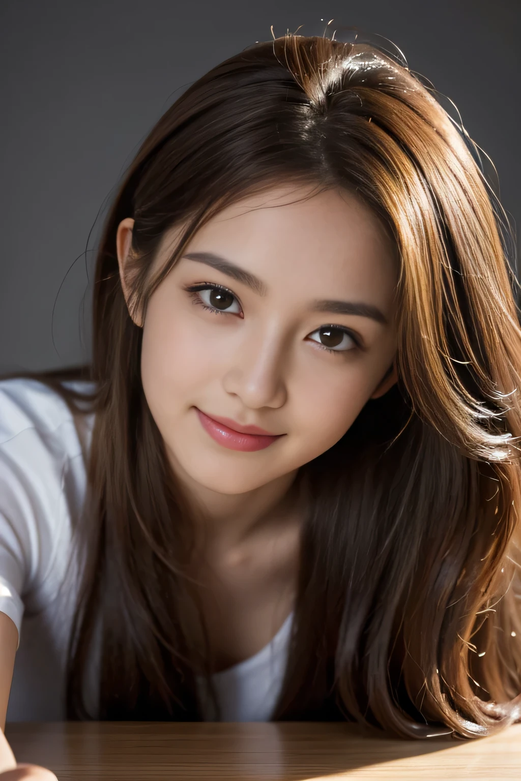 On the table, highest quality, practical, Super detailed, finely, High resolution, 8k wallpaper, One beautiful woman,, Light brown messy hair, Wearing a suit, Clear focus, Perfect dynamic composition, Beautiful and delicate eyes, Thinning hair, Detailed practical skin texture, smile, Close-up portrait, model diagram