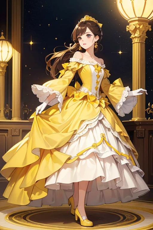 Belle has long, brown hair, most often tied back in a low ponytail by a ribbon, and possesses captivating hazel eyes, full pink lips, rosy cheeks, a heart-shaped face.  is a golden ball gown with a simply designed bodice, wrapped off-the-shoulder sleeves, a wide-hemmed floor-length skirt made of eight triangular panels and small round yellow ornaments, long yellow opera gloves, round yellow earrings, a multiple-layered white petticoat with scalloped edging on the hemline, and yellow high-heeled shoes. SPARKLE; GLITTER