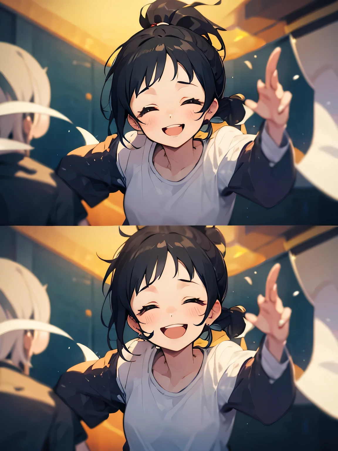 solo,upperbody, ponytail,black hair, open forehead, beautiful face,closed eyes smile,Black Hair、Shy laugh、Surprise expression、applause,no message,