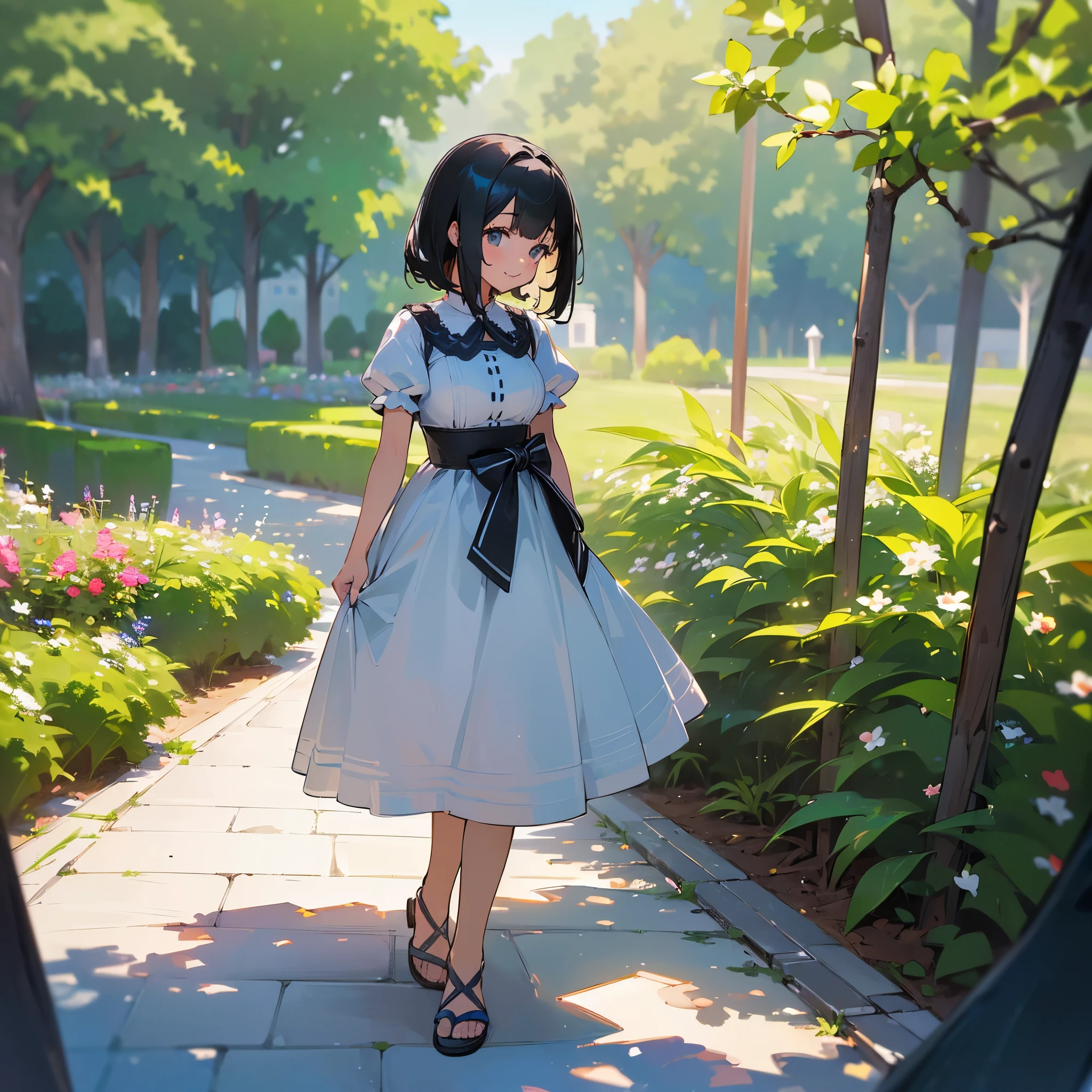 (high quality, High resolution, Very detailed, reality:1.37), Peaceful atmosphere, (Outdoor, garden), girl standing alone, (my breasts are big.), Beautiful details, Cute Smile, (Black bob hair), White short-sleeved dress, Sandals.