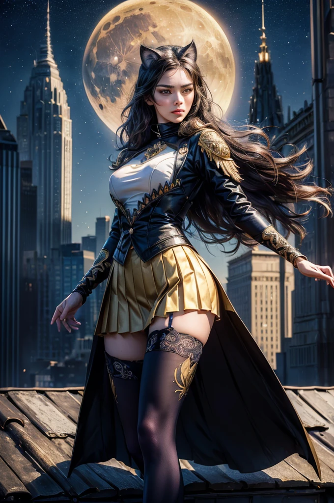 (masterpiece,stunning girlfriend, (standing:1.1), dynamic pose, heart shaped face, elegant face, beautiful face, highly detailed face, highly detailed skin, skin pores, subsurface scattering, realistic pupils, looking at viewer, full lips, detailed background, depth of field, atmospheric perspective, volumetric lighting, sharp focus, absurdres, realistic proportions, good anatomy, (realistic, hyperrealistic:1.4), 16k hdr, (masterpiece, best quality), intricate details, 1girl, blake_belladonna, gmuniform, pleated skirt, blue thighhighs, black and gold uniform, standing on rooftop, city, night, stars, moon