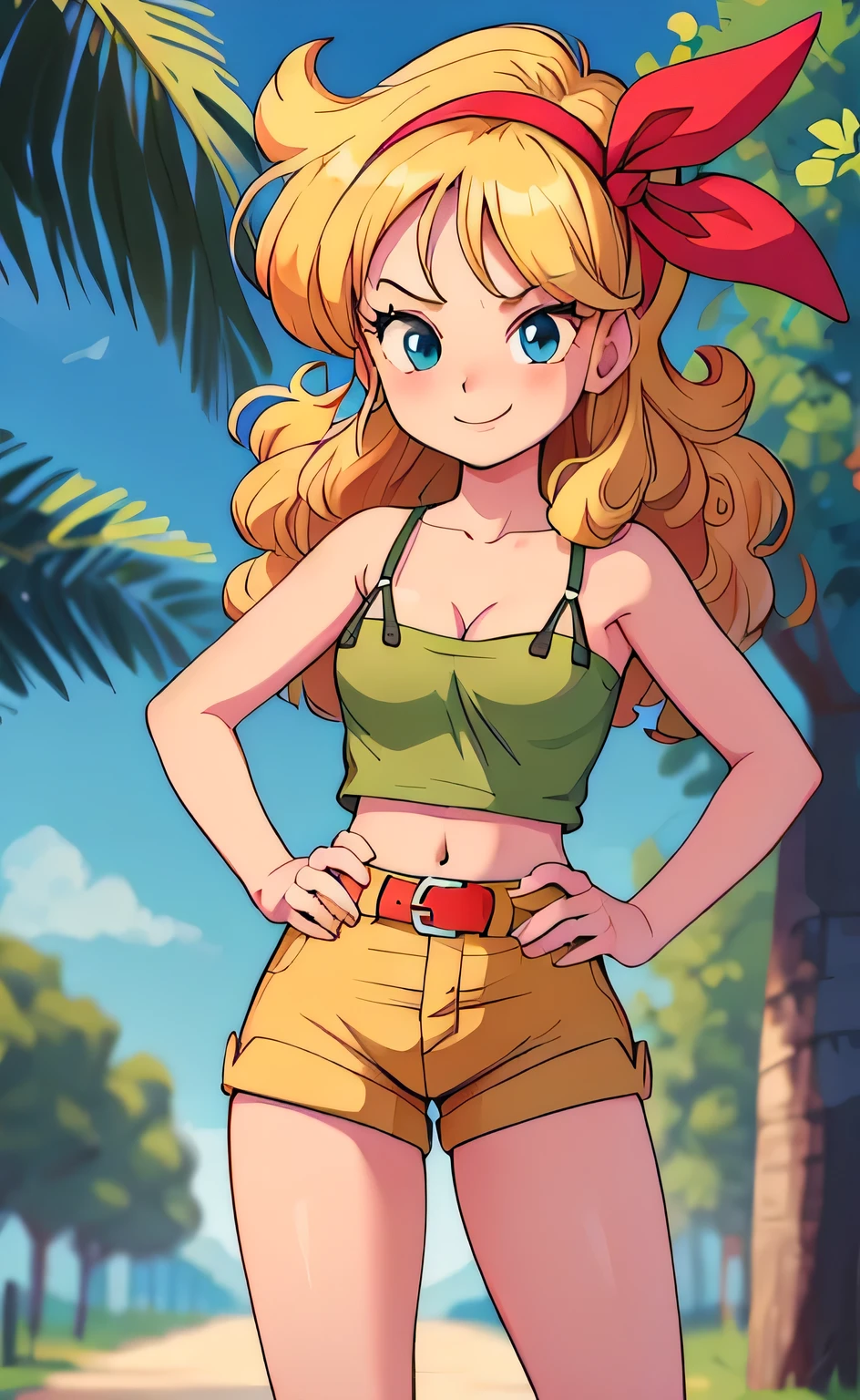 ((masterpiece, best quality)), insaneres, absurdres, solo, looking at viewer,
BlondeHair_BadLaunch_ownwaifu,
1girl, long hair, blonde hair,  curly hair, hair ribbon, blue eyes, medium breasts, red hairband, eyelashes, bangs, 
green shirt,  yellow shorts, crop top, midriff, cleavage, bare shoulders, navel, short shorts, collarbone, tank top, belt, bare legs, outdoors, depth of field, vanishing point, (contrapposto, hand on hip), smile