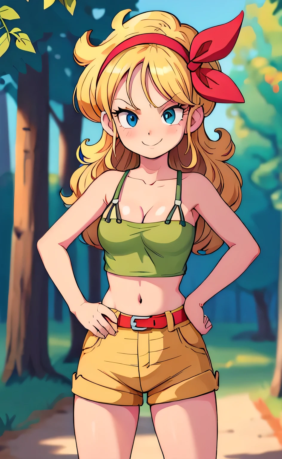 ((masterpiece, best quality)), insaneres, absurdres, solo, looking at viewer,
BlondeHair_BadLaunch_ownwaifu,
1girl, long hair, blonde hair,  curly hair, hair ribbon, blue eyes, medium breasts, red hairband, eyelashes, bangs, 
green shirt,  yellow shorts, crop top, midriff, cleavage, bare shoulders, navel, short shorts, collarbone, tank top, belt, bare legs, outdoors, depth of field, vanishing point, (contrapposto, hand on hip), smile