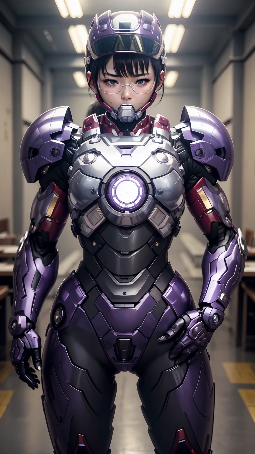 最high quality　8k Iron Man Suit Girl、、、Kindergarteners、　Hyperrealism, Super Detail, high quality, Anatomically correct, 16k, High resolution, Textured skin、、、Glasses、Sweaty、Purple and Black　Spread your legs wide　I can see the vagina　Sit on a chair　short hair　Black Hair　Drooling from the mouth　最high quality　Only the eyes are exposed　Fully sealed full-face helmet, Composite Layered Chest Plate