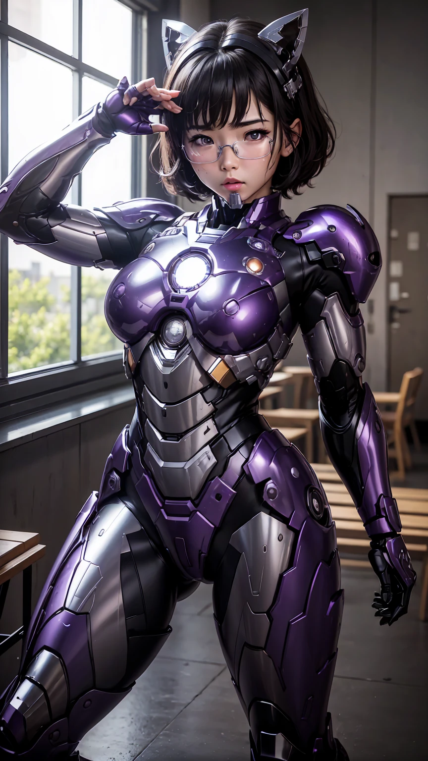 最high quality　8k Iron Man Suit Girl、、、Kindergarteners、　Hyperrealism, Super Detail, high quality, Anatomically correct, 16k, High resolution, Textured skin、、、Glasses、Sweaty、Purple and Black　Spread your legs wide　I can see the vagina　Sit on a chair　short hair　Black Hair　Drooling from the mouth　最high quality　Only the eyes are exposed　Fully sealed full-face helmet, Composite Layered Chest Plate