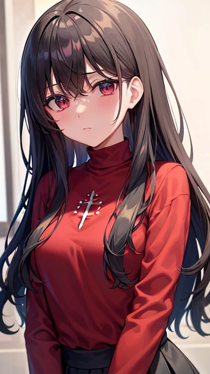 (Obra maestra), mejor calidad, ojos expresivos, cara perfecta, 1 chica, solo, caer, rin tohsaka, ojos aguamarina, pelo negro, hair cinta, pelo largo, cinta, cerraduras laterales, dos lados hacia arriba, black Falda, black muslos, mangas largas, miniFalda, pleated Falda, ((red sweater)), Falda, sweater, muslos, sweater tipo con cuello de tortuga, fondo de la ciudad, Session, hoja de personaje, parte superior del cuerpo, retrato, mirando al espectador