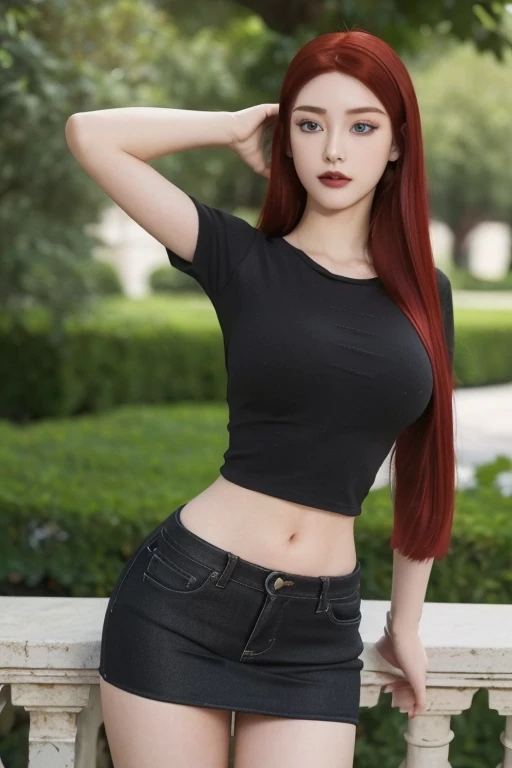 masterpiece, gothic aesthetic, dream atmosphere, Ultra realistic, red-haired girl, seductive leaning forward detailed skin, pale-white (highlighted) skin, ultra realistic, 16k, high quality, picture-perfect, flawless, clean, masterpiece, professional artwork, detailed artwork, cinematic lighting, cinematic bloom, realistic shading, (long red hair)),(1girl,  beautiful korean girl),perfect face, (young:1.1),((fit figure)),((25 year old)), beautiful face, beautiful turquoise-blue eyes (cute eyes look), detail eyes, detail face, (((perfect female body, narrow waist))),(large breasts:1.3)lora:GoodHands-beta2:1>, , ((girl standing)),upper body, black shirt and jeans skirt clothing (realistic texture), blade to side, strike pose,blade down,blade right hand,, gothic garden,, blurred background  (masterpiece, best quality, high quality, highres, ultra-detailed), different poses at different angles. 