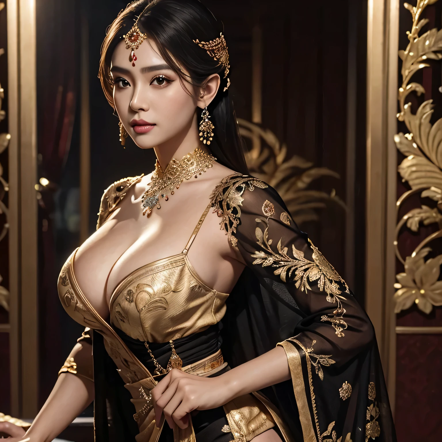 RAW, Best quality, high resolution, Masterpiece: 1.3), Beautiful busty blonde woman in intricately designed kebaya, Masterpiece, Soft expression, Realistic, 1girl, Charming, Detailed features, Black and Gold color scheme, Elegant, Indonesian theme, Exquisite pattern, Draped fabric, Cleavage, Feminine curves, Delicate beading, Shimmering gold accents, Beautiful adult woman, Full-length portrait, Traditional attire, Sophisticated beauty, Rich cultural detail. 3D Octane rendering, ray tracing, super detailing viewer, close-up.