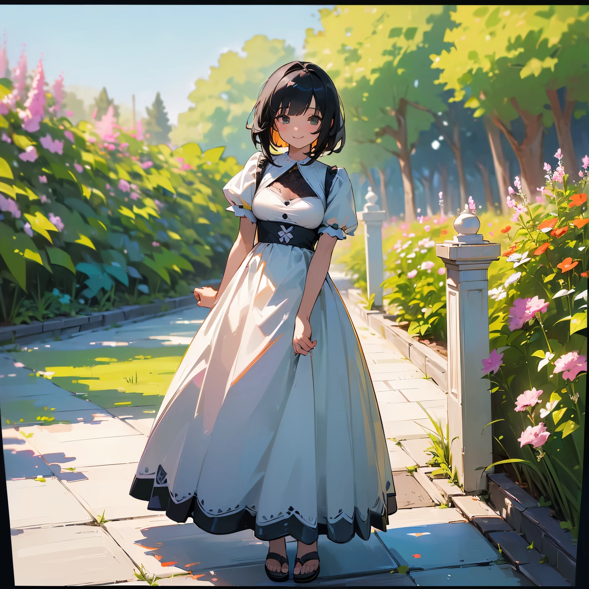 (high quality, High resolution, Very detailed, reality:1.37), Peaceful atmosphere, (Outdoor, garden), girl standing alone, (my breasts are big.), Beautiful details, Cute Smile, (Black bob hair), White short-sleeved dress, Sandals.
